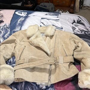 Y2K Genuine leather jacket coat with faux fur